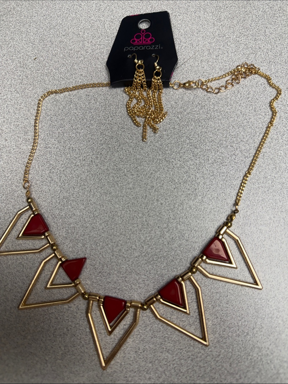 paparazzi Gold & Red Geometric Triangle Statement Necklace